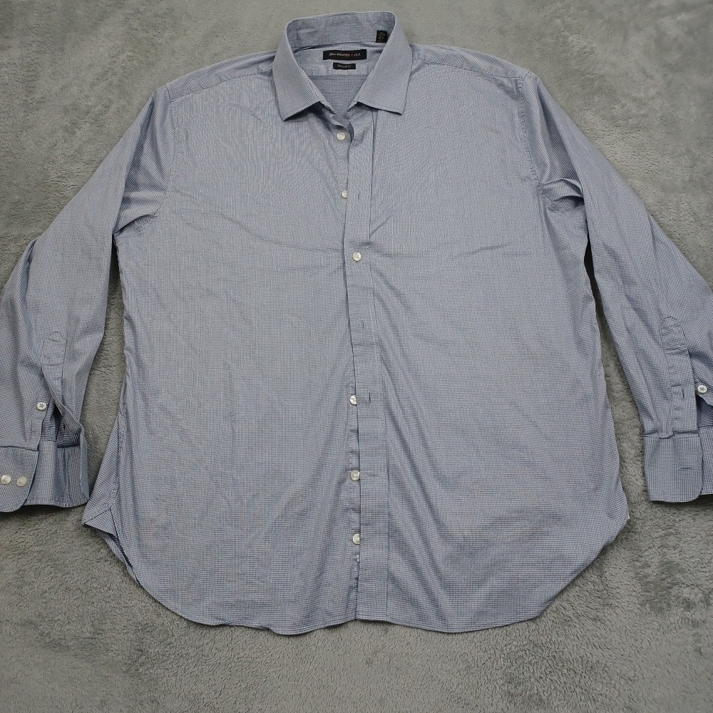 John Varvatos Shirt Mens 17 Blue Checked Button Up Long Sleeve Preppy Logo